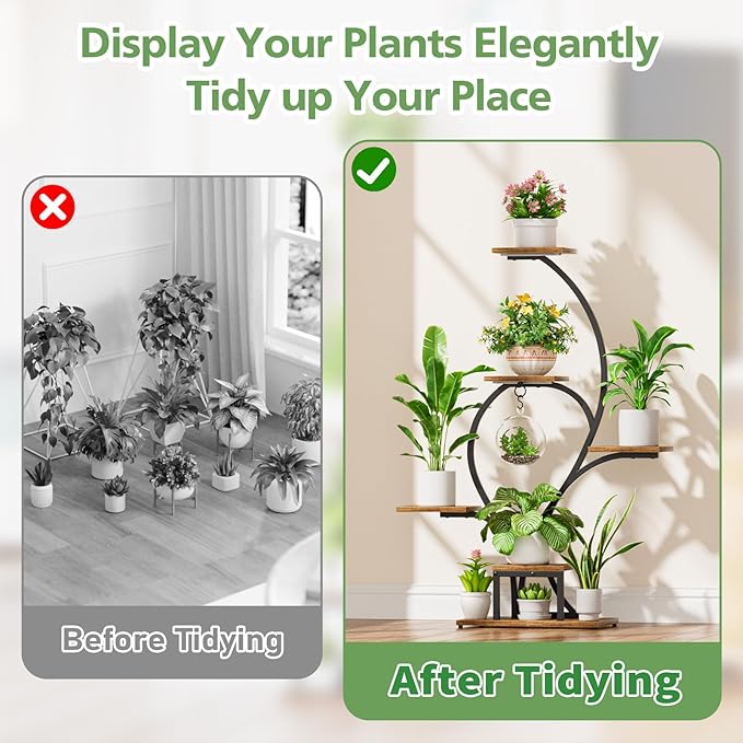 Plant Stand Indoor with Grow Lights - 6 Tiered Plant Shelf Indoor, 49" Tall Corner Plant Stands for Indoor Plants, Lighted Flower-Shaped Holder Stand, Display Rack for Living Room, Patio（Black)