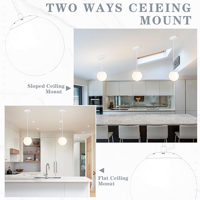 KoKo&Yukina 6 Inch Globe Pendant Light White Globe Pendant Lights Kitchen Island Mid Century Light Fixture with Milky White Glass Shade for Dining Room Living Room