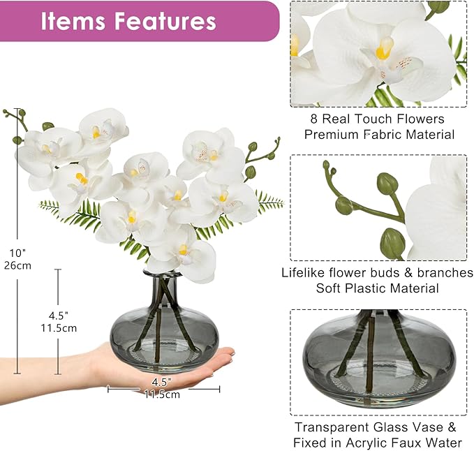 White Orchids Artificial Flowers with Vase, Small Faux Orchid Arrangement Fake Flower in Woven Glass Vase Black and White Decor Small White Centerpieces for Kitchen Dining Room Tables Bathroom Decor