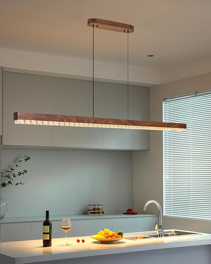 47" Wood Linear Pendant Light, Dimmable Kitchen Island Lighting with Remote, 30W LED Island Lights for Kitchen, Adjustable Linear Chandelier for Dinning Room Light Fixture,Pool Table Light - Walnut