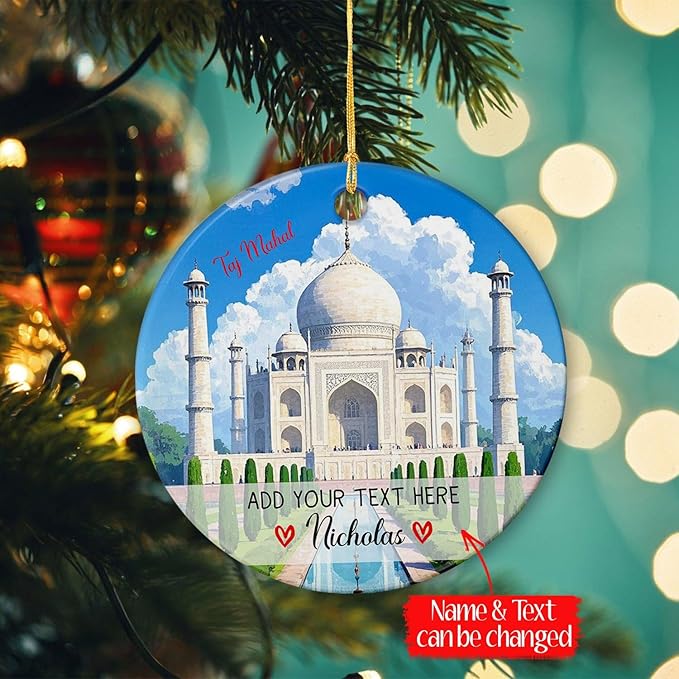 Personalized Text/Name India Taj Mahal Agra Ornament Christmas 2025, India Travel Souvenir Ceramic Ornament Xmas Tree Hanging, Custom Taj Mahal Vacation Trip Xmas Keepsake Ornaments Gift for Friends
