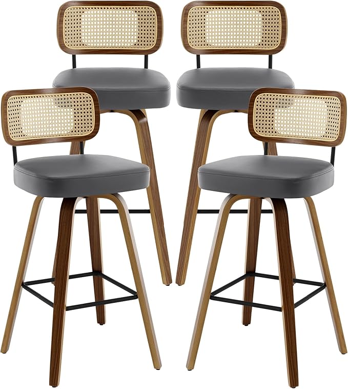 Swivel Bar Stools Set of 4, Upholstered Faux Leather Barstools with Rattan Back, 29" Seat Height Bar Chairs for Kitchen Island, Bentwood Wood Frame, Grey