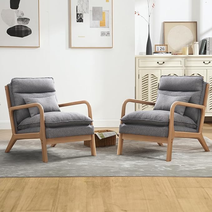 INZOY Accent Chairs Set of 2, Mid Century Modern Accent Chair with Wood Frame, Upholstered Reading Armchair with Waist Cushion, Side Chair for Living Room Bedroom Office, Easy Assembly, Grey