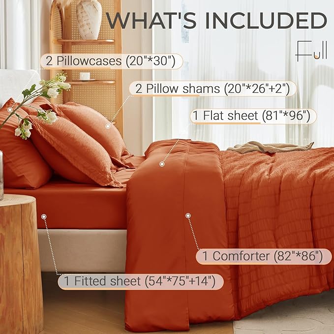 MUXHOMO 7 Pieces Full Comforter Set, Seersucker Bed in a Bag Full Size, All Season Luxury Bedding Set with Comforter, Flat Sheet, Fitted Sheet, Pillowcases & Shams, Burnt Orange