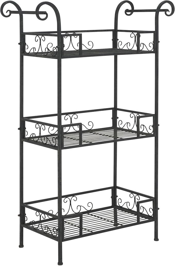 SAFAVIEH Outdoor Collection Noreen Victorian Scroll Antique Black Iron 3-Tier Shelf