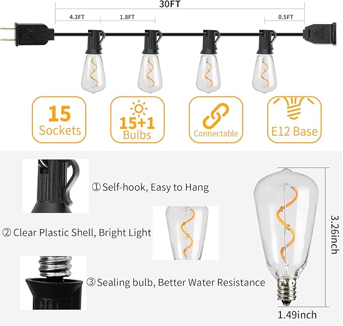 30FT LED Outdoor String Lights Waterproof, 2200K ST38 LED Globe Outdoor Lights for Patio with 16 Edison Vintage Shatterproof Bulbs, Connectable Backyard Lights for Garden, Bistro, Porch, Cafe