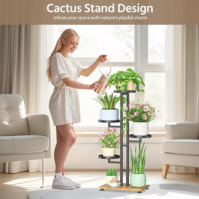 LASZOLA Black 4 Tiered Plant Stand Indoors Heavy Duty Metal Rack, Sturdy Multi Level Shleving Hold Flowers, Larger House Decorate Ladder for Planting Inside Tree Herb Cactus, Wooden Base, Space Saving