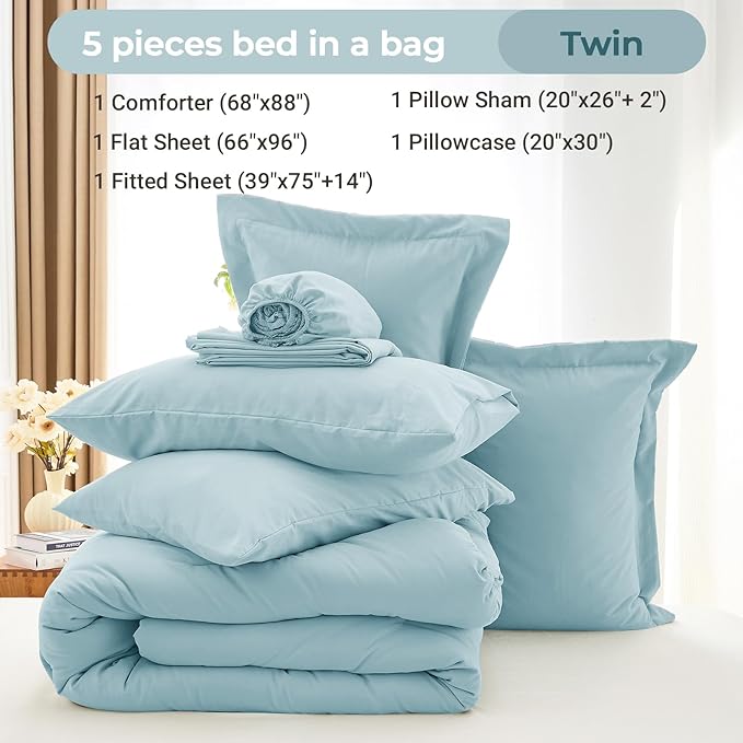 MUXHOMO 5 Pieces Twin Comforter Set, Soft Bed in a Bag Twin Size, All Season Bedding Set with Comforter, Flat Sheet, Fitted Sheet, Pillowcases & Shams, Lake Blue