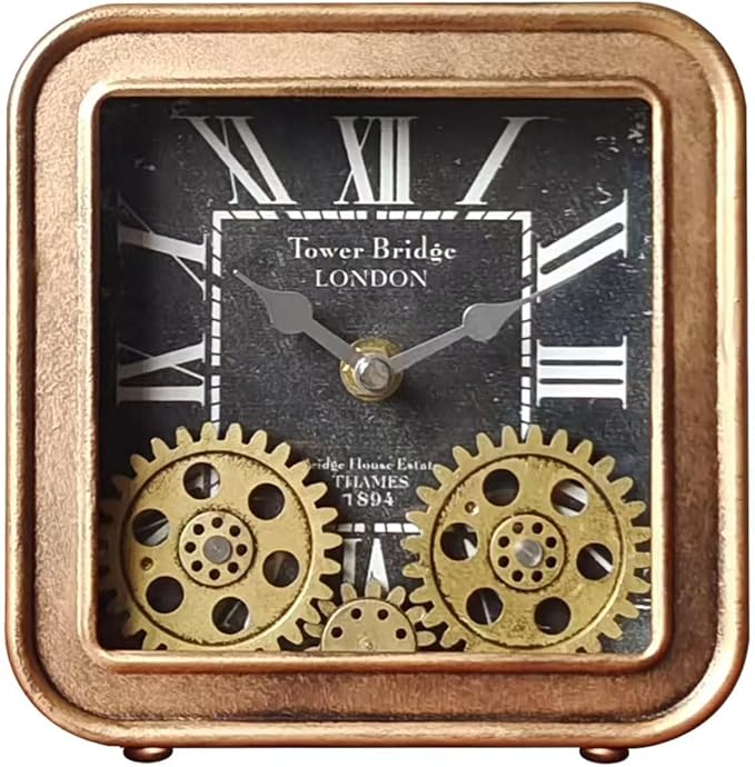 Desk Clock Vintage Metal Table Clocks with Moving Gears, Silent Retro Industrial Steampunk Quartz Small 6 inch End Table Clock for Home Office Living Room Decor Battery Operated (Gold)