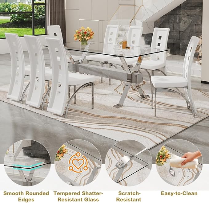 71'' Glass Dining Table Set for 8,9 Piece Dining Table Set with Tempered Glass Tabletop and Open‑Frame X‑Shaped Metal Base,Kitchen Table and Chairs Ideal for Dining Room&Home Office