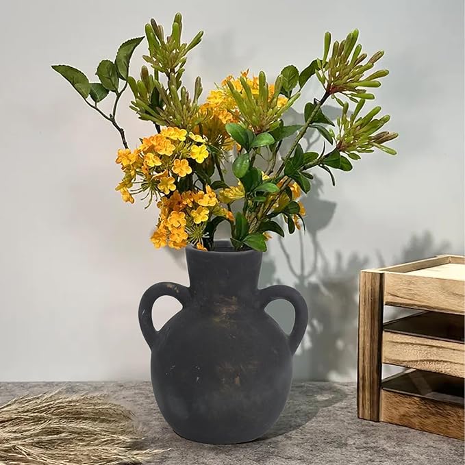 Ceramic Flower Vase,7.3 inch Tall Farmhouse Rustic Vase, Handcrafted Weathered Pottery Vases, Small Flower Terracotta Vases for Home Decor, Living Room Farmhouse Table Shelf Entrance(Black)