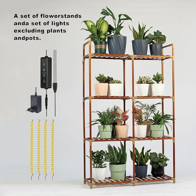 4-Tier Wooden Plant Stand with LED Grow Lights - Adjustable Shelf for Indoor Plants, Living Room, Balcony - Dimmable & Space-Saving (Plants Not Included)