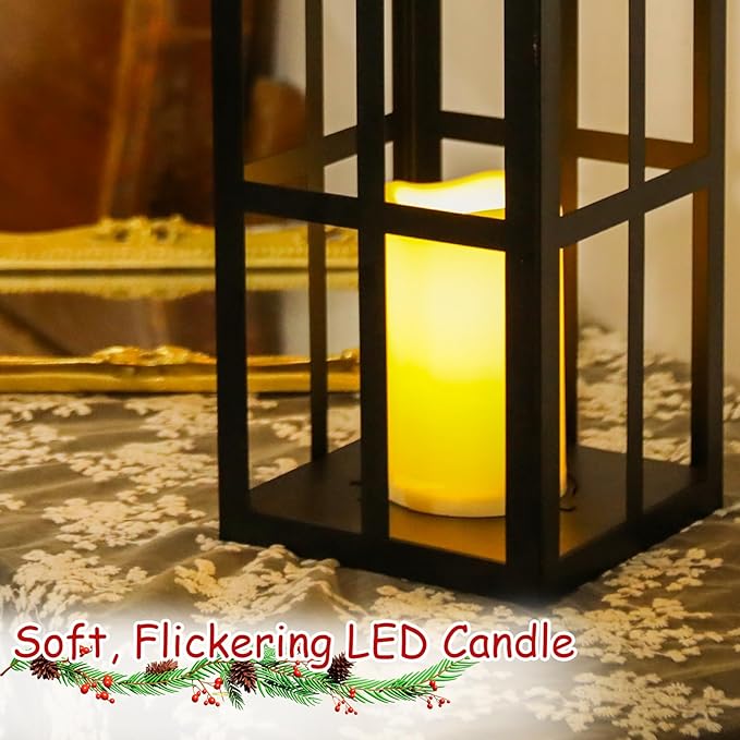 Bdor 2 Pack Christmas Lantern Decoration with LED Flameless Candle, Pinecones & Holly Berries, Holiday Tabletop or Porch Decor, Battery Operated Christmas Lighting