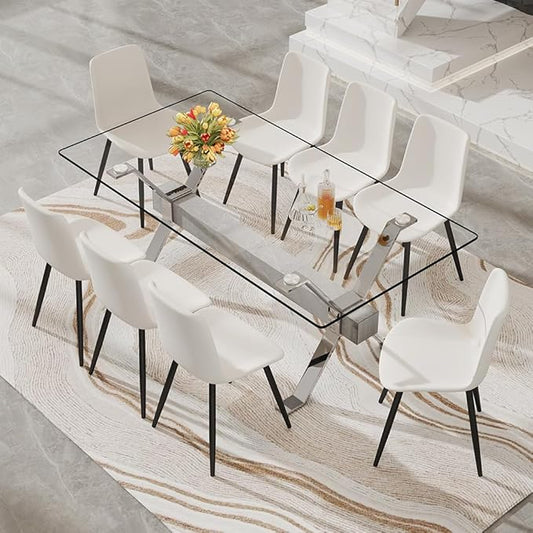 71'' Glass Dining Table Set for 8,9 Piece Dining Table Set with Tempered Glass Tabletop and Open‑Frame X‑Shaped Metal Base,Kitchen Table and Chairs Ideal for Dining Room&Home Office