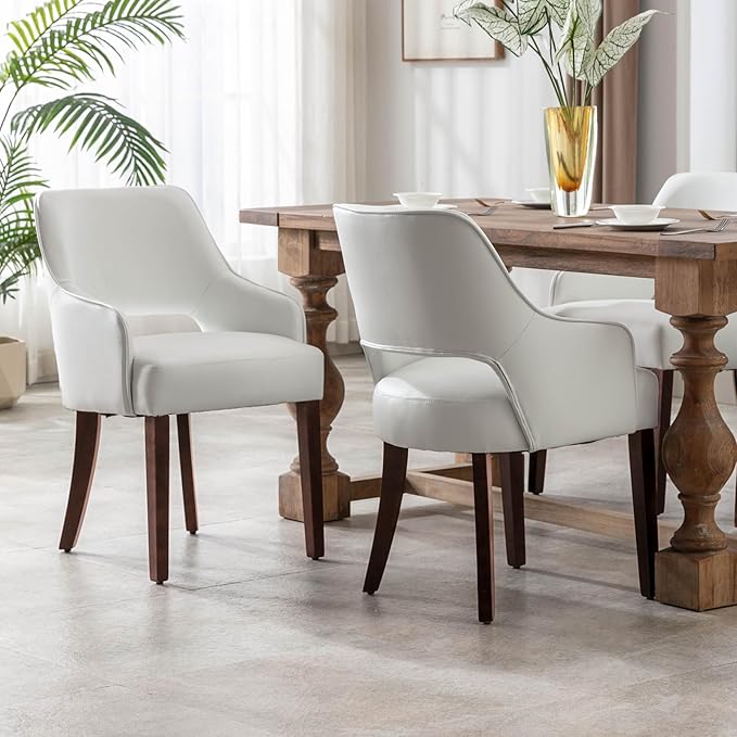 PU Leather Dining Chairs Set of 4 Upholstered Side Chairs Wood Accent Chair for Living Room/Dining Room/Bedroom/Restaurant, White