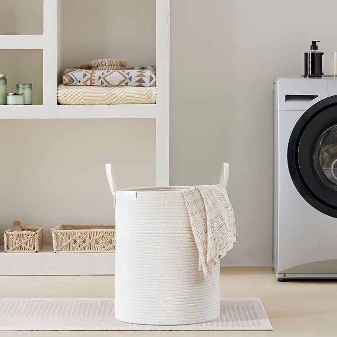 VIPOSCO Tall Laundry Basket, Large Dirty Clothes Hamper with Leather Handle, Woven Rope Storage Basket for Blanket, Toy In Living Room, Bathroom, Bedroom - 53L White