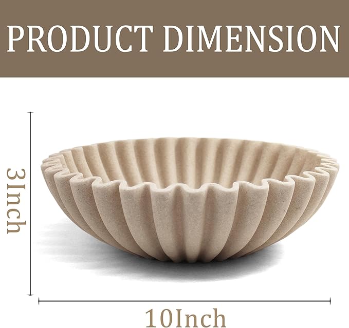 Ruffle Decorative Bowl, Large Fruit Bowl for Kitchen Counter, Stylish Key Bowl for Entry Table, Handcrafted Home Decor Display bowl, Artificial Stone Beige