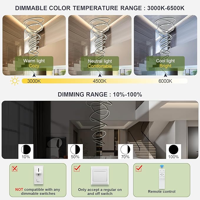 9 Rings Modern LED Chandelier Black Dimmable Large Foyer Chandeliers Entryway High Ceiling for Staircase, High Ceiling Pendant Lights for Entryway Living Room, 3000K-6500K CCT