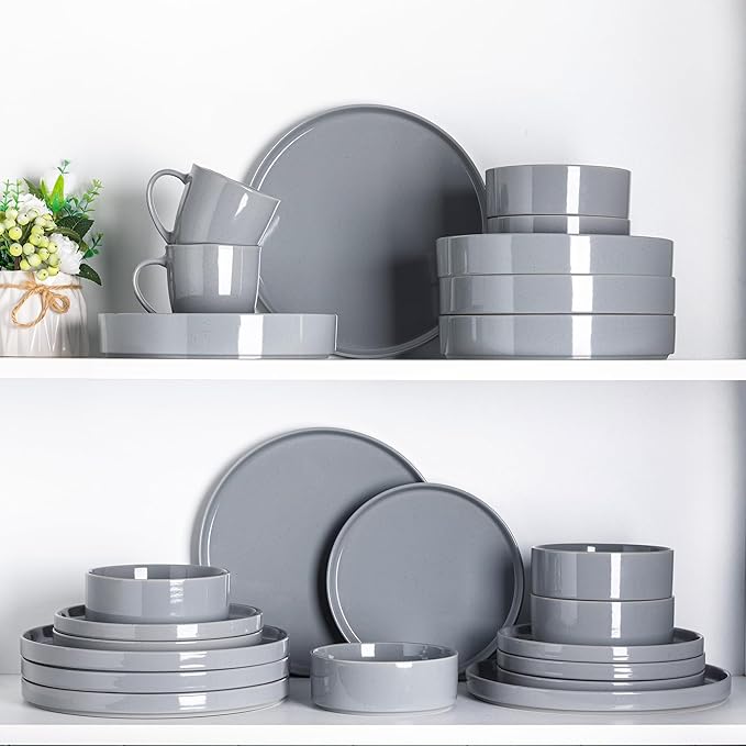 Dinnerware Set for 4, 12 Piece Speckled Plates and Bowls Set with Glazed Bottom, Chip & Scratch Resistant Stoneware Plates Sets, Dishwasher & Microwave Safe Dishes (Limestone, Service for 8)