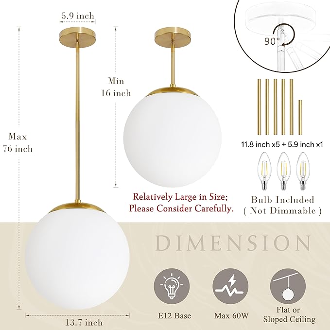 13.7" Globe Pendant Light 3-light Gold Mid Century Modern Light Fixture Milk Glass Pendant Light Globe Pendant Lights Kitchen Island Brushed Brass Finished with Milk Glass Lampshade for bedroom