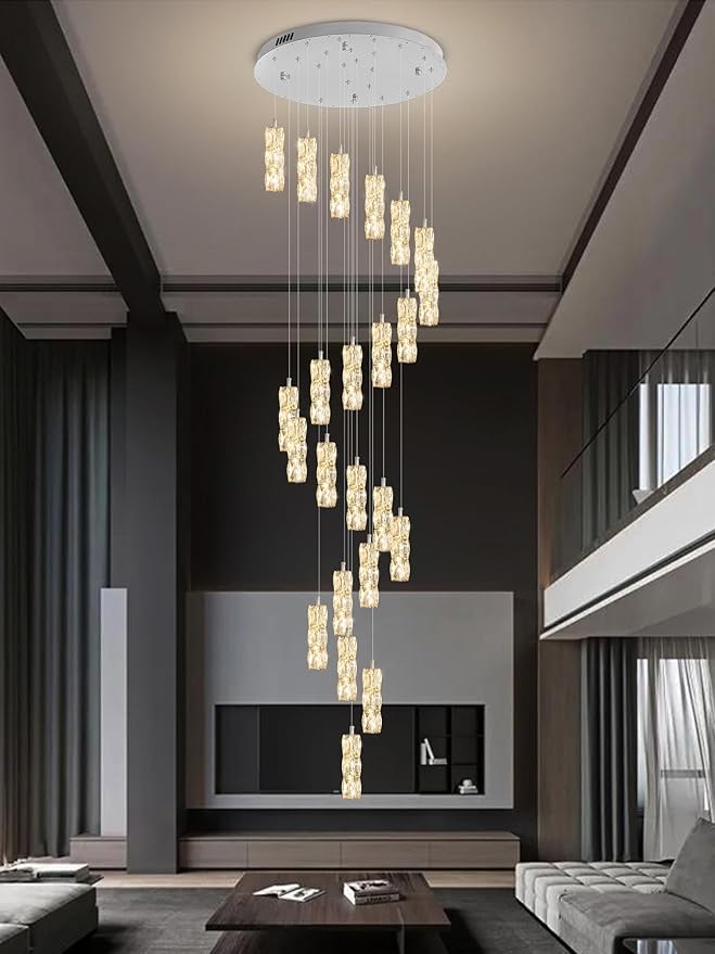 H150in High Ceiling Chandelier for Foyer Entrance 24-Light Crystal Silver Chandelier Light Fixture Large Ceiling Light for Living Room Staircase Hallway Dining Room