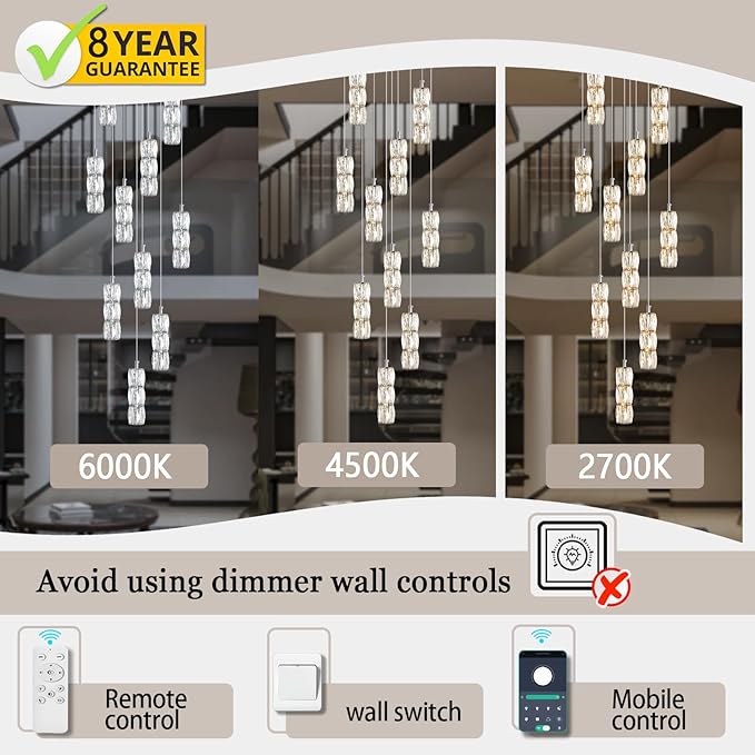 Long Staircase Crystal Pendant Chandeliers 10-Lights Silver Column Crystal Chandeliers Foyer Entrance High Ceiling Hanging Chandelier 2700-6000k Dimmable Fixtures LED Big Chandeliers