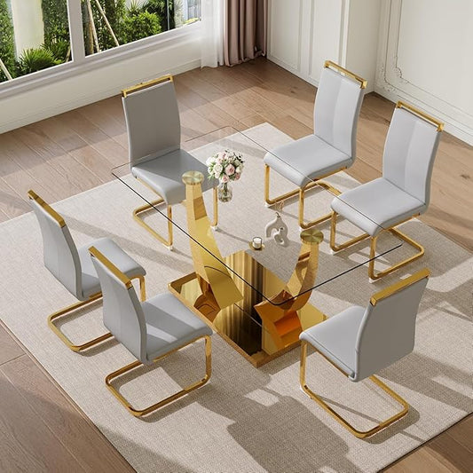 63” Glass Dining Table Set for 6,Gold Dining Room Table Set for 6,Modern Kitchen Table and PU Leather Chairs for 6, Dinner Table with Rectangle Tempered Glass Top and Golden Base