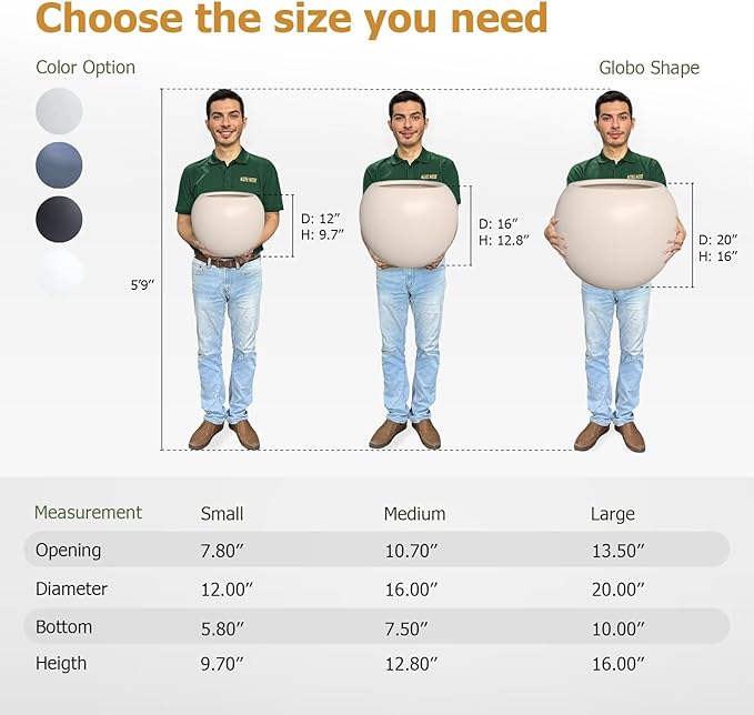 9.7" H x 12" D Globo Fiberstone Round Planter with Drainage Hole, Weather Resistant, Planters for Indoor Plants & Outdoor, 2 Extra Coco Mats (Kilim Beige, 7.8" Pot Opening)