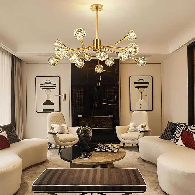 Sputnik Chandeliers for Dining Room Light Fixtures,Modern Crystal Chandeliers for Living Room,15 Lights Gold Mid Century Brass Lighting Fixtures for Kitchen Island Bedroom Entryway