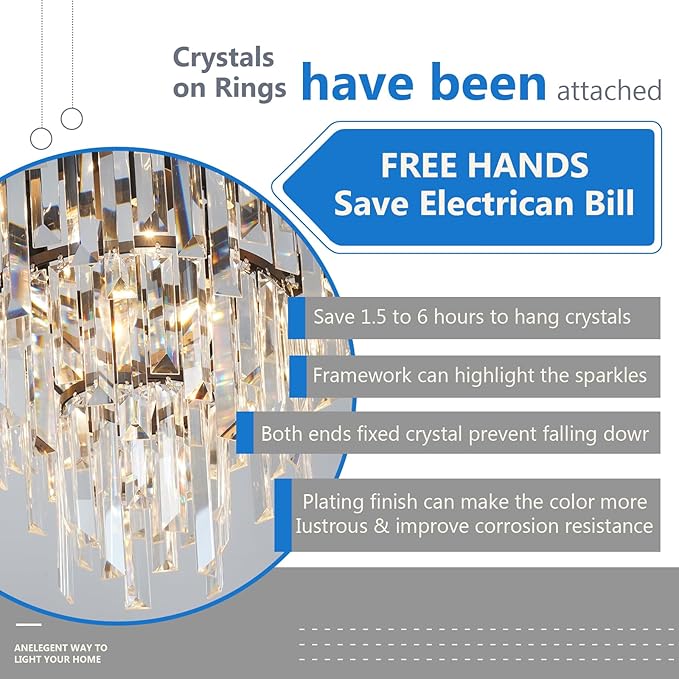 39'' Modern Crystal Chandelier, Black Round Ceiling Light with Clear Prisms, Luxury Flush Mount Lighting Fixture for Dining Room Bedroom Foyer