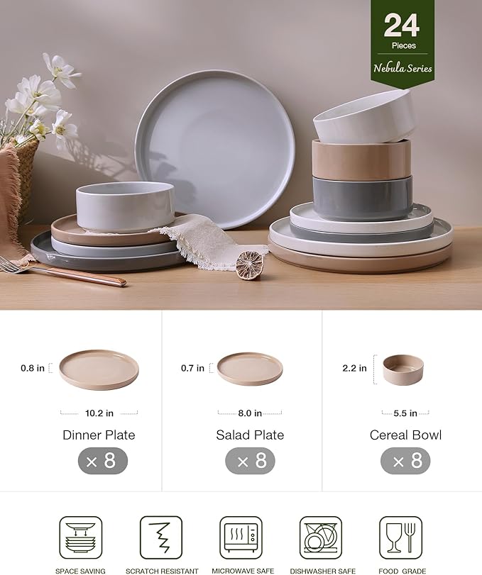 Famiware Nebula Plates and Bowls Set, 24 Pieces Dinnerware Sets, Dishes Set for 8, Multi-color