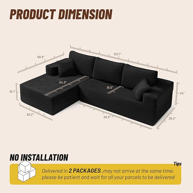 107" Boneless Couch with Deep Seat, Modular Sectional Sofa, Cloud Sectional Couch for Living Room, No Assembly Required, Corduroy, L-Shape Left，Black