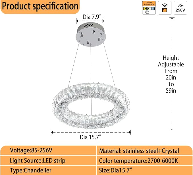 Modern Crystal Chandelier Dimmable LED 15.7" Ring Pendant Light Adjustable Round Chrome Crystal Chandelier Light Fixtures for Dining Room Living Room