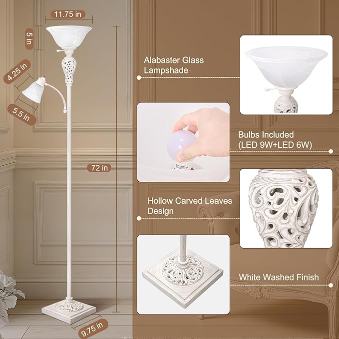 Torchiere Floor Lamp with Adjustable Reading Light, 72" Tall Vintage Lamp with White Glass Shade, Farmhouse Standing Lamp, Rustic LED Floor Lamp for Living Room Bedroom Office Corner, Bulbs Included