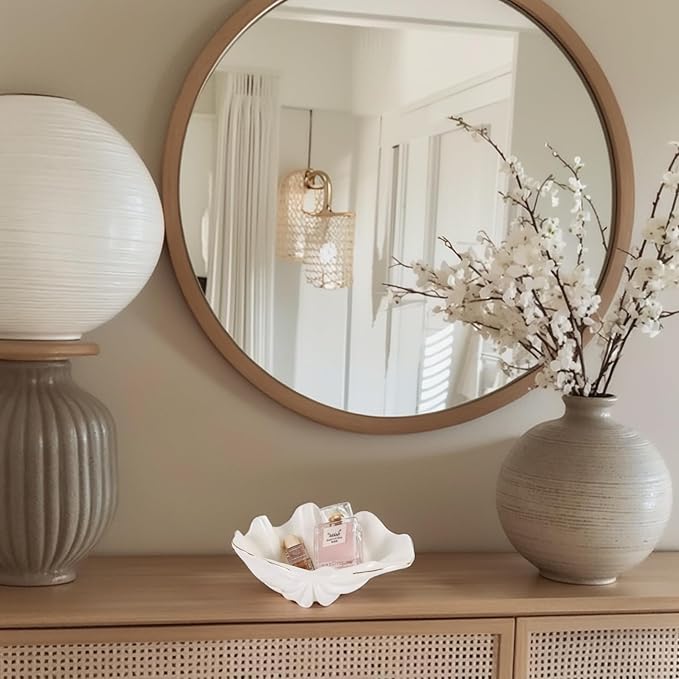 White Shell Bowl Decorative – 7.9" Ceramic Clam Shell Dish for Home Decor, Coastal Catch-All Bowl for Bathroom Vanity, Entryway, or Dresser, Jewelry Holder, Key Tray, Fruit Bowl