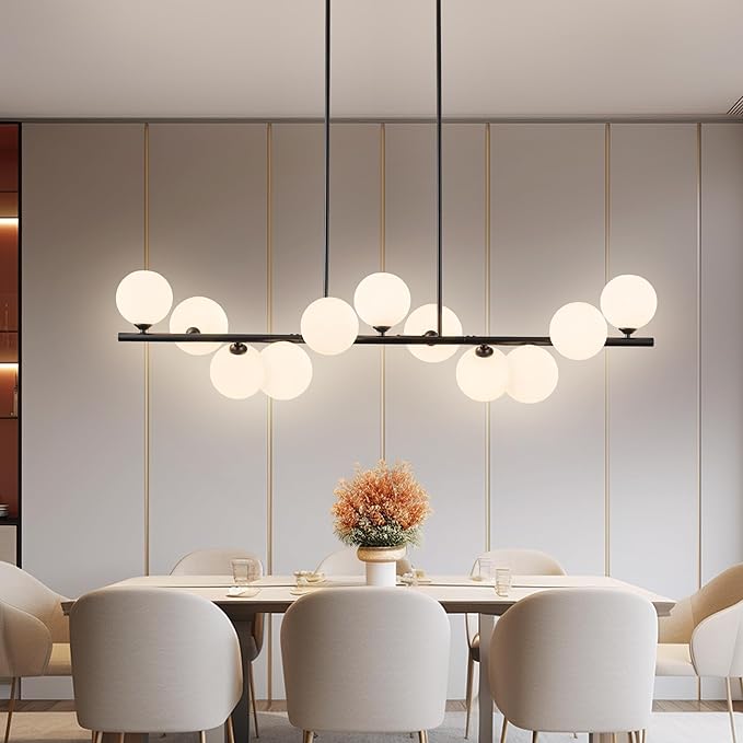 Linear Chandeliers for Dining Room,11 Light Modern Chandelier Black Sputnik Chandelier with Milk White Glass Globe Large Dining Room Light Fixture Over Table, Kitchen Island