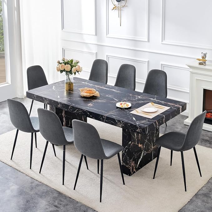 79" Marble Dining Table Set｜Modern Dining Table Set with 8 Artificial Leather Chairs｜Engineered Wood with Marble Pattern Tabletop｜Widened and Stable Tablelegs｜Easy Assembly
