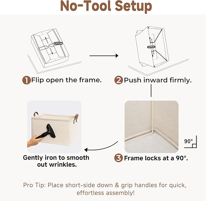 StorageWorks Storage Bins, Shelves Baskets for Organizing, Large Fabric Closet Organizers with Handles, Metal Frame, Beige（Cotton-linen）, 2-Pack