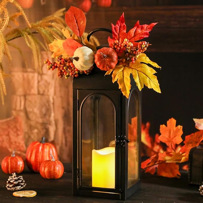 BDOR 2 Pack Fall Lanterns Decor with LED Candle – 16" Stainless Steel & Tempered Glass Lanterns with Harvest Pumpkin Maple Leaf – Premium Thanksgiving Centerpiece for Indoor Outdoor Use