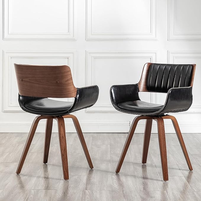 LUNLING Swivel Accent Faux Leather Dining Chairs, Mid Century Modern Chairs with Wooden Legs/Armrest/Upholstered Seat/Adjustable Foots for Kitchen Dining Room Desk Chairs,Black,1PCS