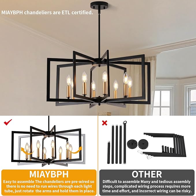 Black Chandelier for Dining Room, 8-Light Kitchen Chandelier Light Fixture Modern Metal Industrial Large Chandeliers for Farmhouse Entryway Living Room (Black Gold)