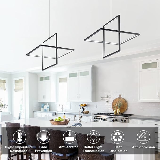 Modern LED Chandelier - Square Pendant Light, Contemporary Style, Dimmable for Living, Dining, Bedroom, Kitchen, Study Room - 65W, 6000K Cool Light (Black)