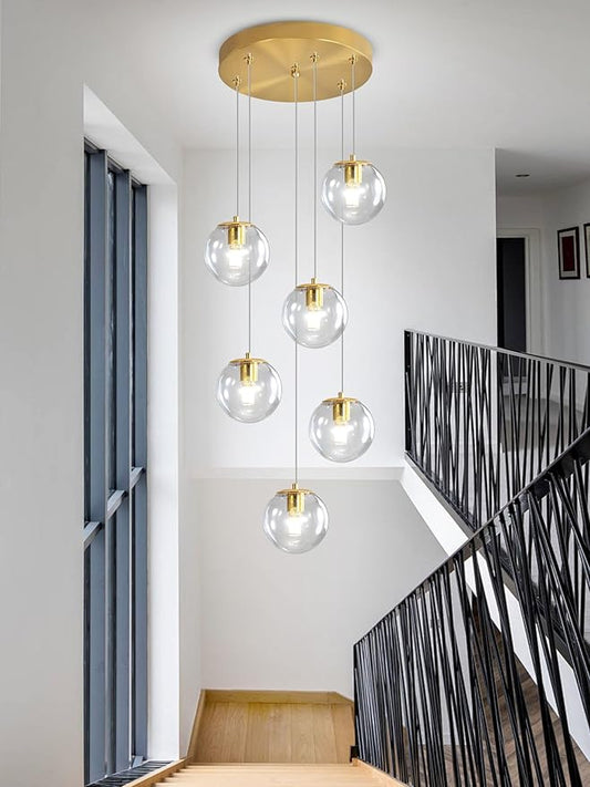 H 87in Modern Glass Globe Chandelier 6-Lights Pendant Light for Staircase Mid Century Globe Chandelier Clear Glass Hanging Lighting for Living Room Bedroom Entryway