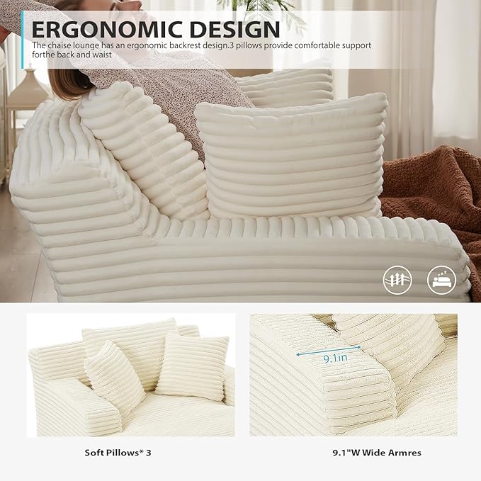 Oversized Chaise Lounge Chair Indoor, Corduroy Sofa Bed with Throw Pillows, Cozy Cloud Couch, Upholstered Sleeper Sofa Couch for Living Room, Bedroom, Apartment, White