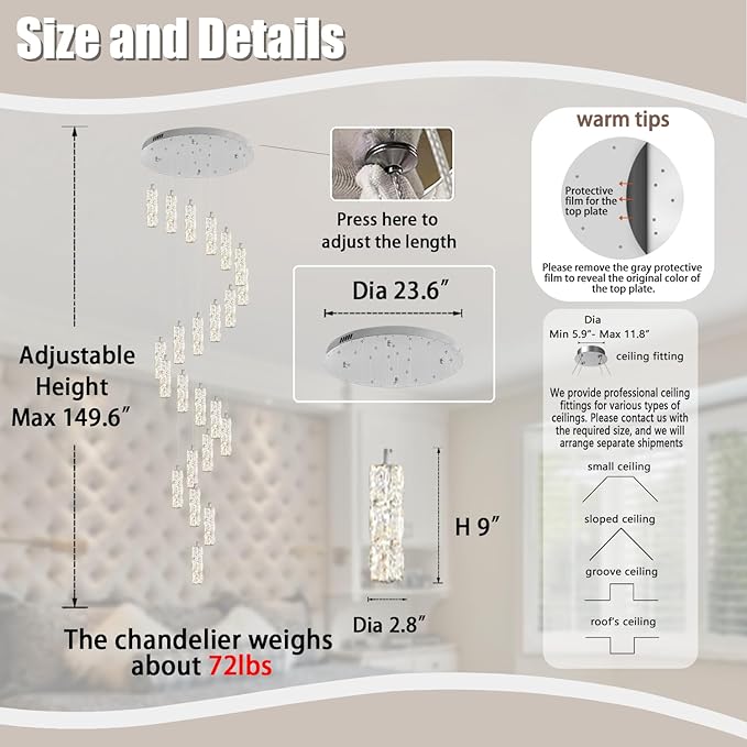 H150in High Ceiling Chandelier for Foyer Entrance 24-Light Crystal Silver Chandelier Light Fixture Large Ceiling Light for Living Room Staircase Hallway Dining Room