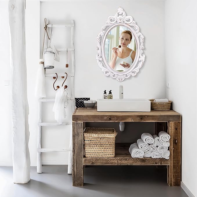 Wall Mirror Oval Baroque Style Vintage Mirrors for Wall Wooden Hanging Arendahl Traditional Mirror Decorative for Bathroom Bedroom Living Room Entryway Decor 24"x16" White