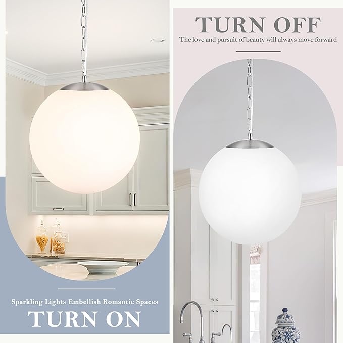 KoKo&Yukina 13.7 Inch Nickel Globe Pendant Light Adjustable Globe Pendant Lights Kitchen Island Mid Century Light Fixture with Milky White Glass Shade for Living Room