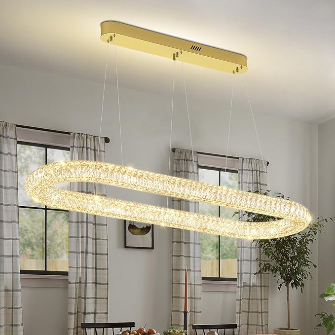 Oval Crystal Chandelier, 47.2'' Gold Crystal Ring Pendant Light for Kitchen Island Modern Linear Oval Chandeliers for Dining Room Dimmable 3000K-6000K