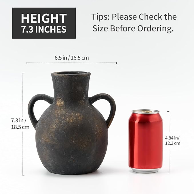 SIDUCAL Rustic Ceramic Farmhouse Flower Vase with 2 Handles, Terracotta Vase, Decorative Pottery Flower for Home Decor, Table, Wedding, Living Room, Shelf Decor, 7.3 Inch, Black Bronze