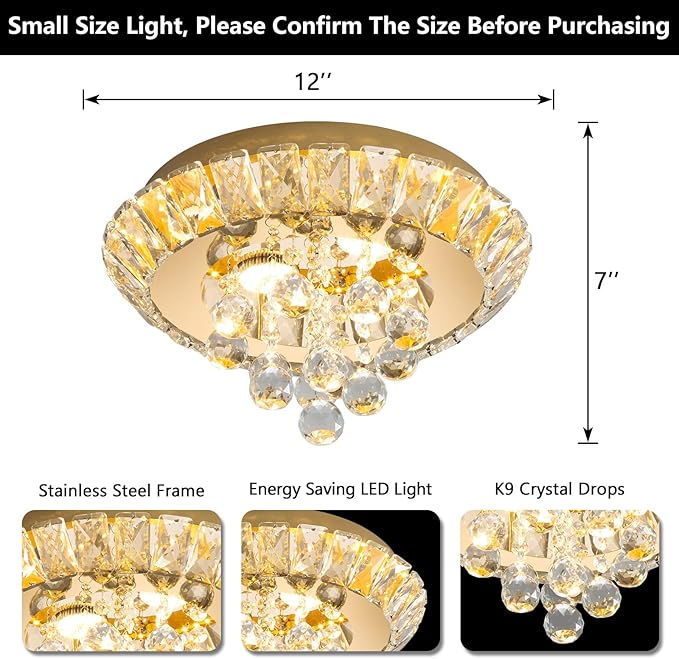 Modern Glam Crystal Chandelier Bedroom Ceiling Lights Chandelier with Dimmable Bulbs Ceiling Lighting Fixture 12 Inches Gold Light